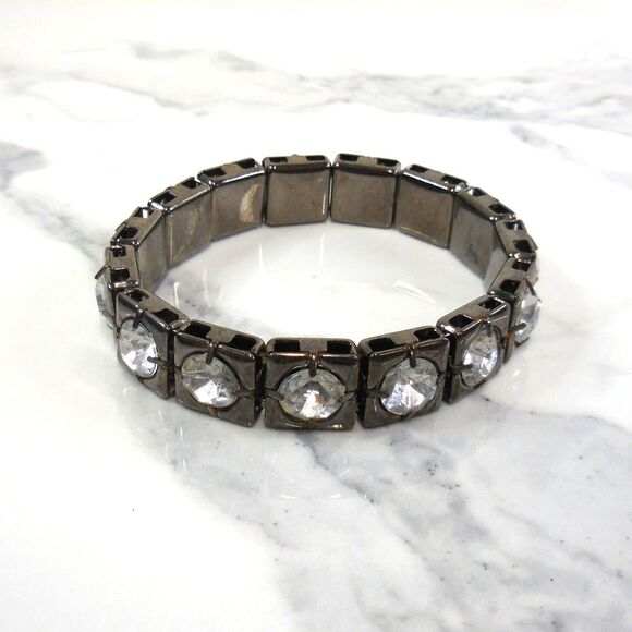 Dark Silver Linked Square Bangle with Large Rhinestones – 8" Statement Piece - Picture 3 of 3